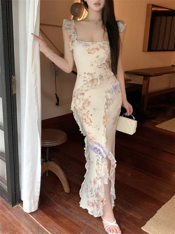 Pretty Mermaid Straps Print Floral Ruffle Chiffon Long Prom Dress Evening Dress HZ1023